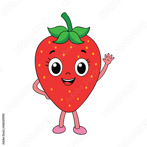 A cute cartoon strawberry with a sweet smile, big eyes, and a green leafy top, happily presenting with her hand in a friendly gesture, full of charm and joy.
