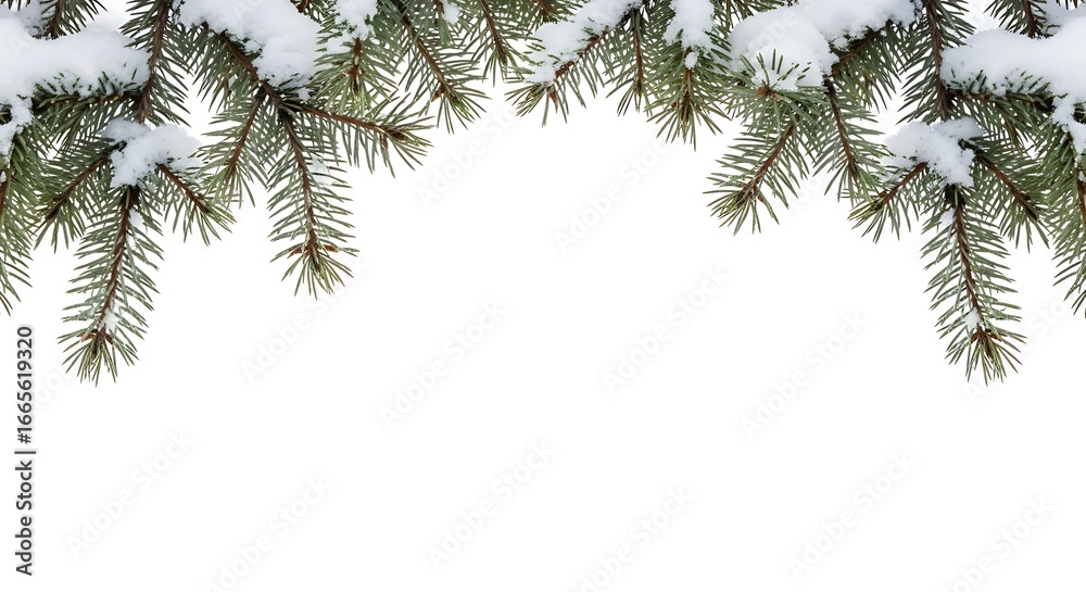 Obraz premium Close up of snow covered evergreen tree branches forming an arch against a white background
