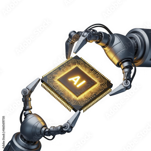Robotic hands carefully holding a glowing ai chip representing advanced technology transparent background