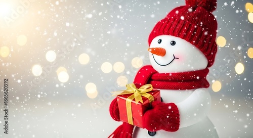 Cheerful snowman wearing a red knitted hat and scarf holding a christmas gift