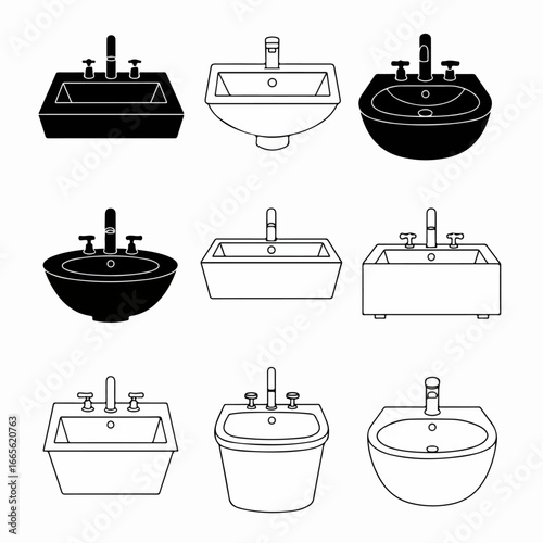 Collection of various sink and bidet designs, featuring both solid black silhouettes and outline illustrations of bathroom fixtures.