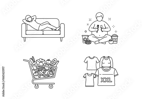 Line drawings depicting lifestyle choices including diet and inactivity on a white plane
