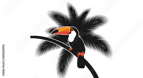 A toucan perched on a branch in front of a stylized palm tree with fronds in graphic style