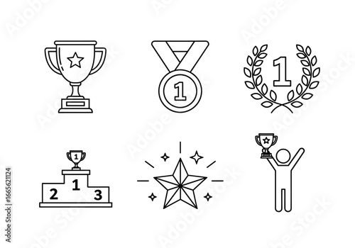 Collection of line art icons depicting awards and achievements in a clean presentation style