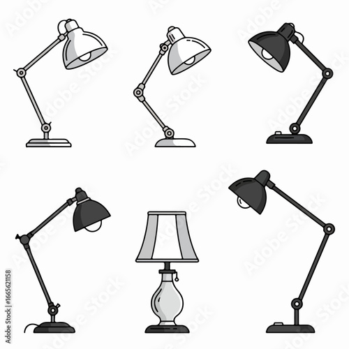 Collection of Illustrated Desk Lamps and Table Lights in Various Styles and Colors, Perfect for Home, Office, and Study Area Decor.