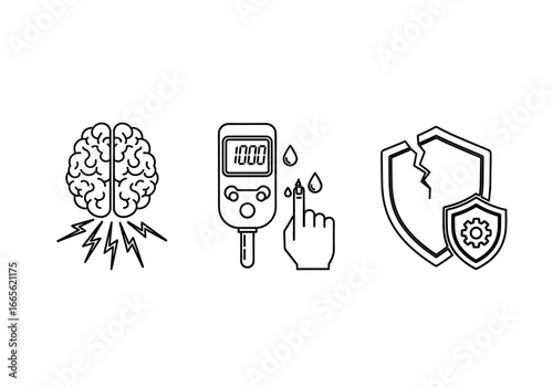 Outlines of a brain, blood glucose meter, finger, and shields on a plain white presentation