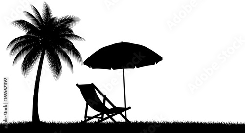 Silhouette of palm tree, beach chair, and parasol creating a vacation getaway scene at the beach
