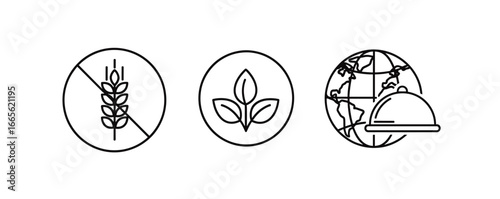 Three circular icons depicting gluten free vegan and global food service in line art style design