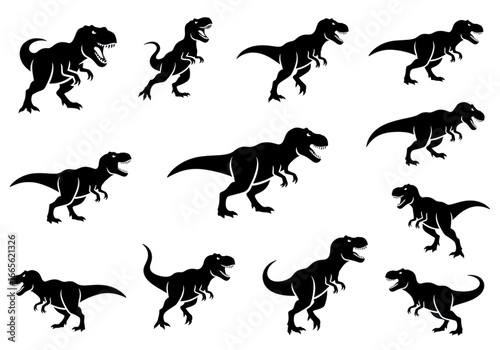 Multiple tyrannosaurus rex silhouettes arranged across a plain presentation area view from above