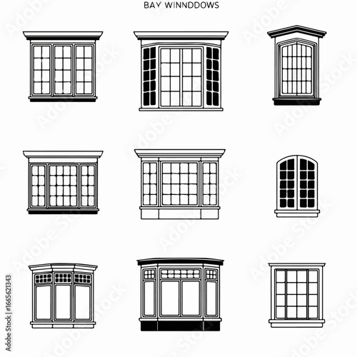 Set of classic black and white line art illustrations depicting various architectural bay window designs and traditional window styles, ideal for design projects.