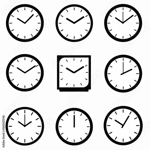 Nine minimalist black and white clock icons displaying various times, representing concepts of schedule, punctuality, and time management.