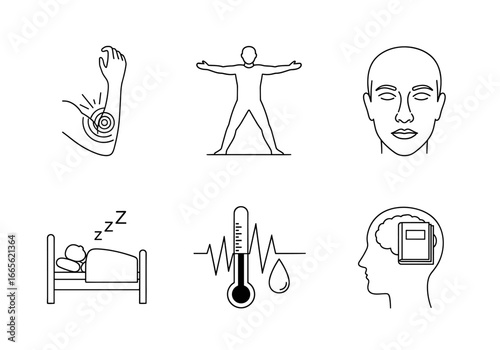 Collection of line art icons depicting health wellness and medical related concepts and illustrations