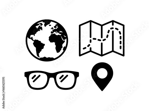 Illustration of globe, map, glasses, and location pin representing travel and exploration ideas