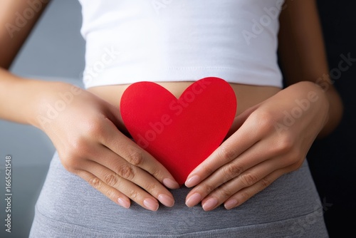 Wallpaper Mural Close up of woman holding red heart shape on her belly, representing love, care, and good health Torontodigital.ca