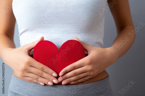 Wallpaper Mural Woman holding a vibrant red heart shape against her belly, emphasizing the importance of gut health and nurturing self care practices Torontodigital.ca
