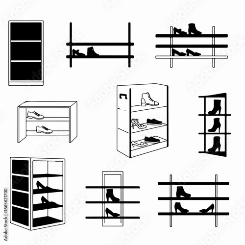 Diverse shoe display and storage options: a vector illustration set of racks, cabinets, and footwear icons.