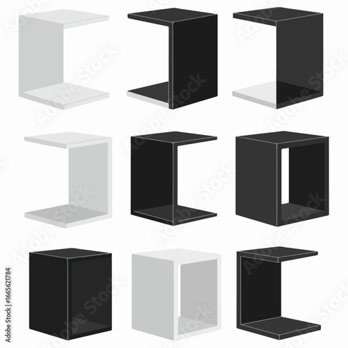 Collection of minimalist black and white geometric shapes and abstract 3D boxes, ideal for modern design, architecture, and interior decor concepts.