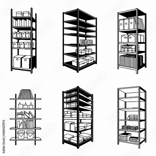 Monochrome Vector Illustrations of Diverse Storage Shelving Units and Racks, Filled and Empty, for Organization