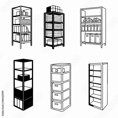 Collection of various storage shelves and racks, featuring different designs for organizing books, boxes, and items, in line art style.