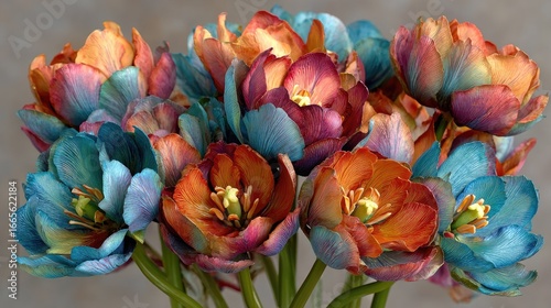 Vividly hued tulips, tightly clustered, fill the frame