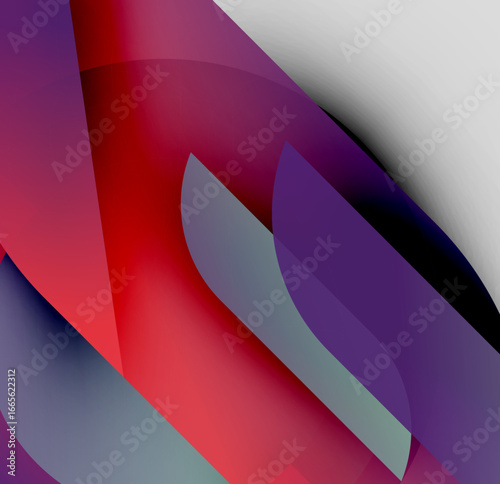 Abstract composition featuring overlapping shapes, gradients. Reds, purples, grays dominate visual space. Smooth transitions create dynamic effect.