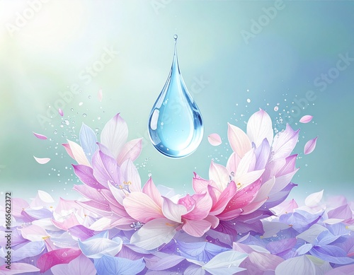 Single water droplet hangs above a bed of soft pink and purple lotus petals, symbolizing purity and serenity in a calming, ethereal atmosphere.