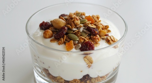 Creamy yogurt layered with granola and dried fruits