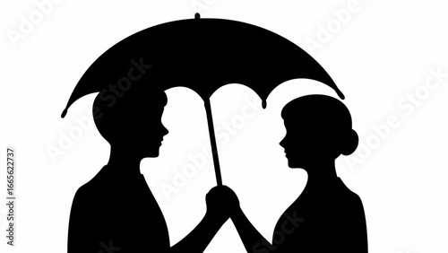 Silhouette of a man and woman facing each other under an umbrella sharing a moment of protection and love