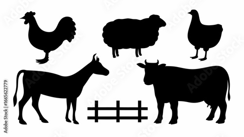 Silhouette depiction of farm animals including a rooster sheep hen donkey cow and fence element present