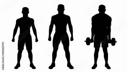 Three silhouettes of a man performing weightlifting exercises in a black and white illustration