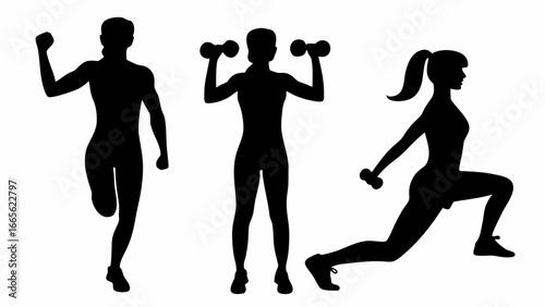 Silhouette of three women exercising with dumbbells and running in different fitness poses isolated on white