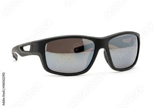 Black sport sunglasses with mirrored lenses isolated on white background