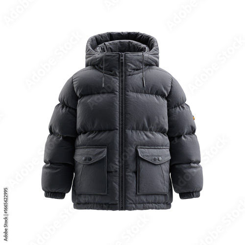Front-Facing Boys Black Puffer Jacket on Transparent Background