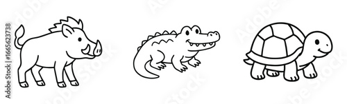 Cute warthog crocodile and turtle cartoon line art for kids coloring book isolated on white background, generative ai