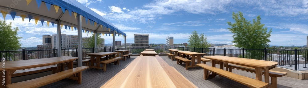 Fototapeta premium Rooftop Gathering Space: A sprawling outdoor rooftop dining area, furnished with wooden picnic tables, offers a panoramic view of the cityscape under a bright, inviting sky. 