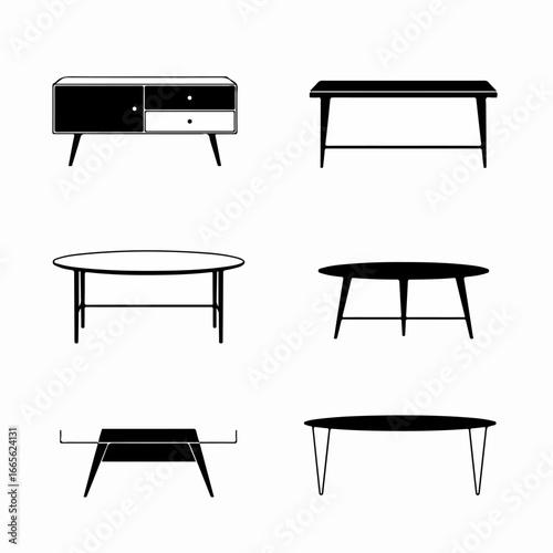 Minimalist Black and White Furniture Icons Set, Featuring Various Modern Tables and a Cabinet