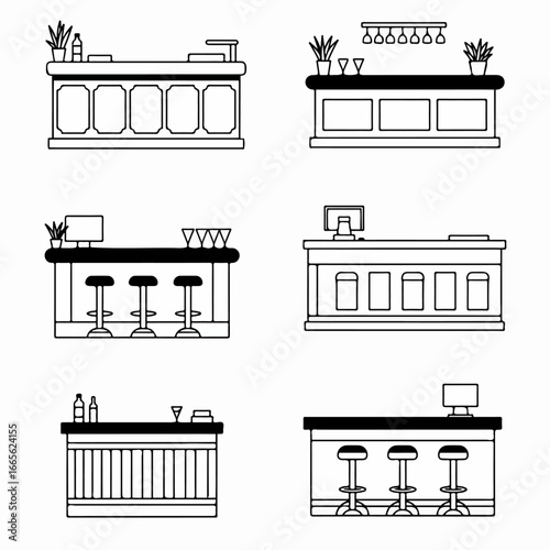 Set of Various Bar Counter Designs Line Art Illustrations. Collection of Modern Pub, Cafe, and Restaurant Bar Counter Elements for Hospitality Interior Design.