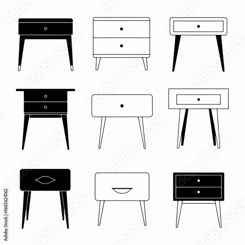 Minimalist Black and White Nightstand and Bedside Table Icons: A Modern Furniture Collection