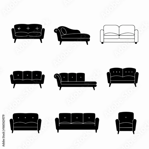 Set of black silhouette icons depicting various sofas, couches, chaise lounges, and an armchair, representing different furniture designs for interior decoration.