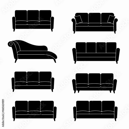 Collection of diverse sofa and chaise lounge silhouettes for interior design and furniture concepts, showcasing various styles of comfortable seating.