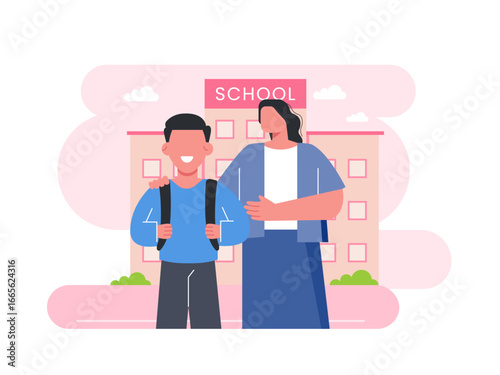 Mother dropping off her son in the morning. Mother illustrations. Flat vector illustration.