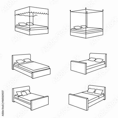 Set of black and white line art bed icons, featuring various types of beds with mattresses and pillows, perfect for sleep and bedroom design.
