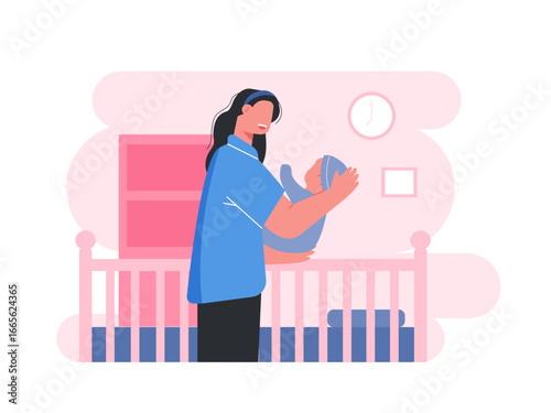 Mom is holding her baby in the room, with a nursery interior. Mother illustrations. Flat vector illustration.
