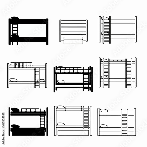 A collection of bunk bed icons presented in both solid black and outline styles, ideal for various design and accommodation-related projects.