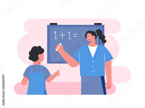 Mother is parenting her son, learning mathematics to count on the board. Mother illustrations. Flat vector illustration.