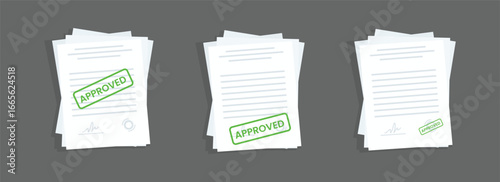 Set of flat document icon with green approved stamp for paper design. Business concept. Vector illustration.