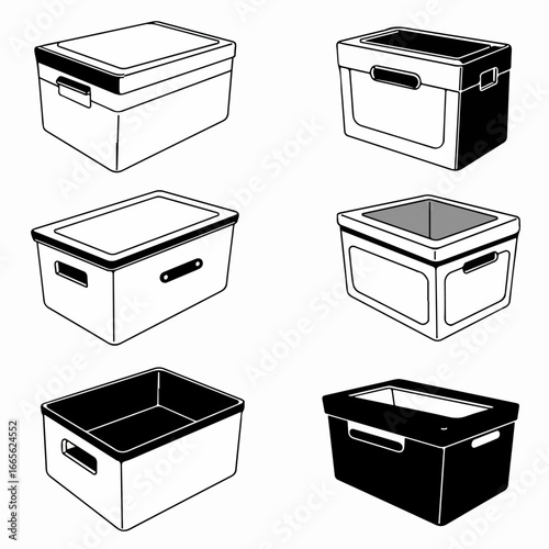 Illustrations of various storage boxes, including closed and open designs, in black and white styles, perfect for organization and decluttering themes.