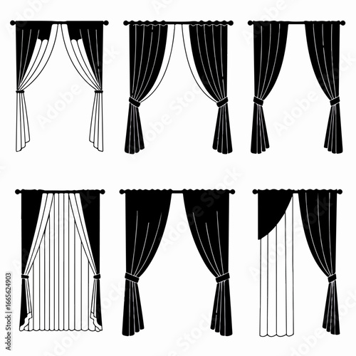 Set of Various Black Curtain Silhouettes, Illustrating Different Styles of Window Treatments for Home Decor and Interior Design.
