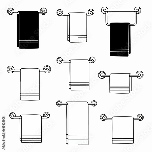Collection of hand-drawn towel racks with towels, black and outline styles, for bathroom and hygiene themes.