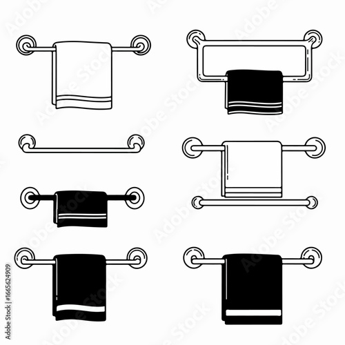 Bathroom Towel Racks and Towels Vector Icon Set - Black and White Outline Illustrations of Home Hygiene Accessories